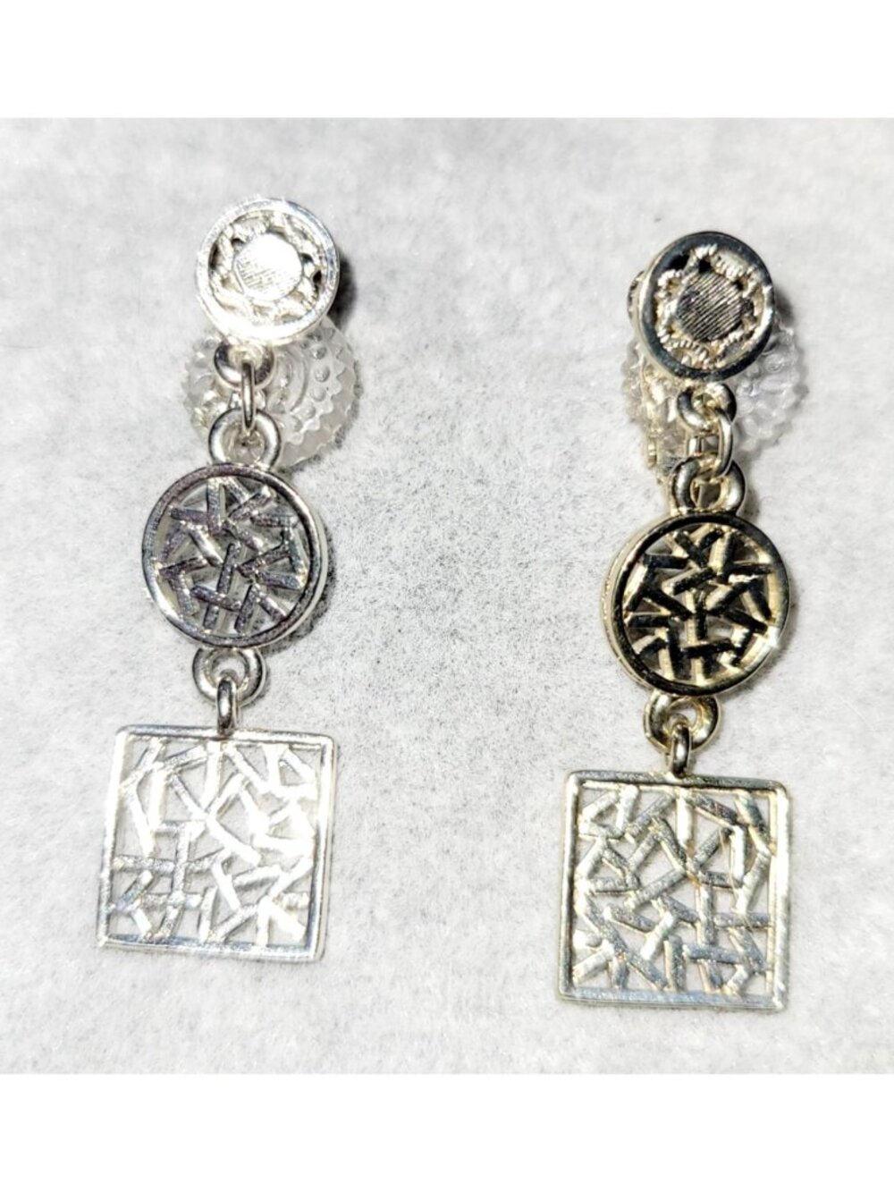 Vintage Silver Tone Double Drop Clip On Earrings Geometric Chinese Design